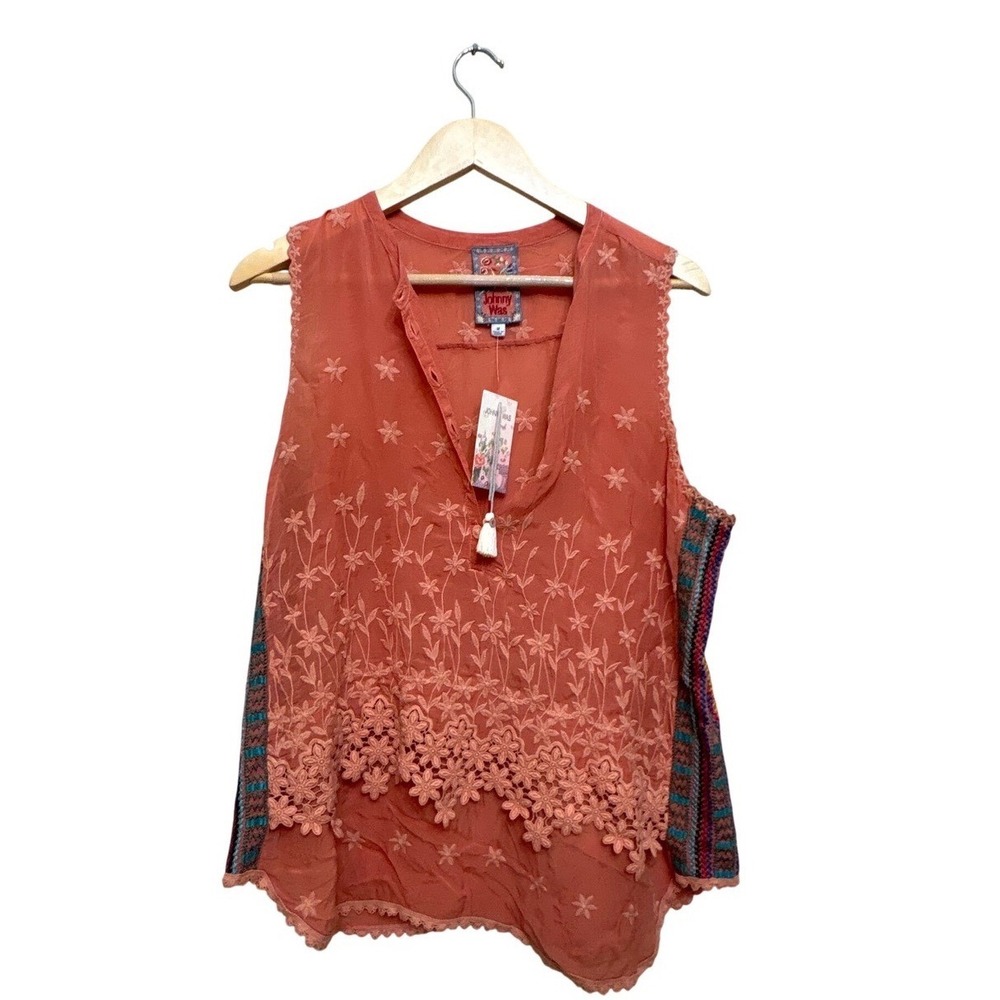 Johnny Was Coral Embroidered Sleeveless Blouse Tassel Lace Trim Medium NEW